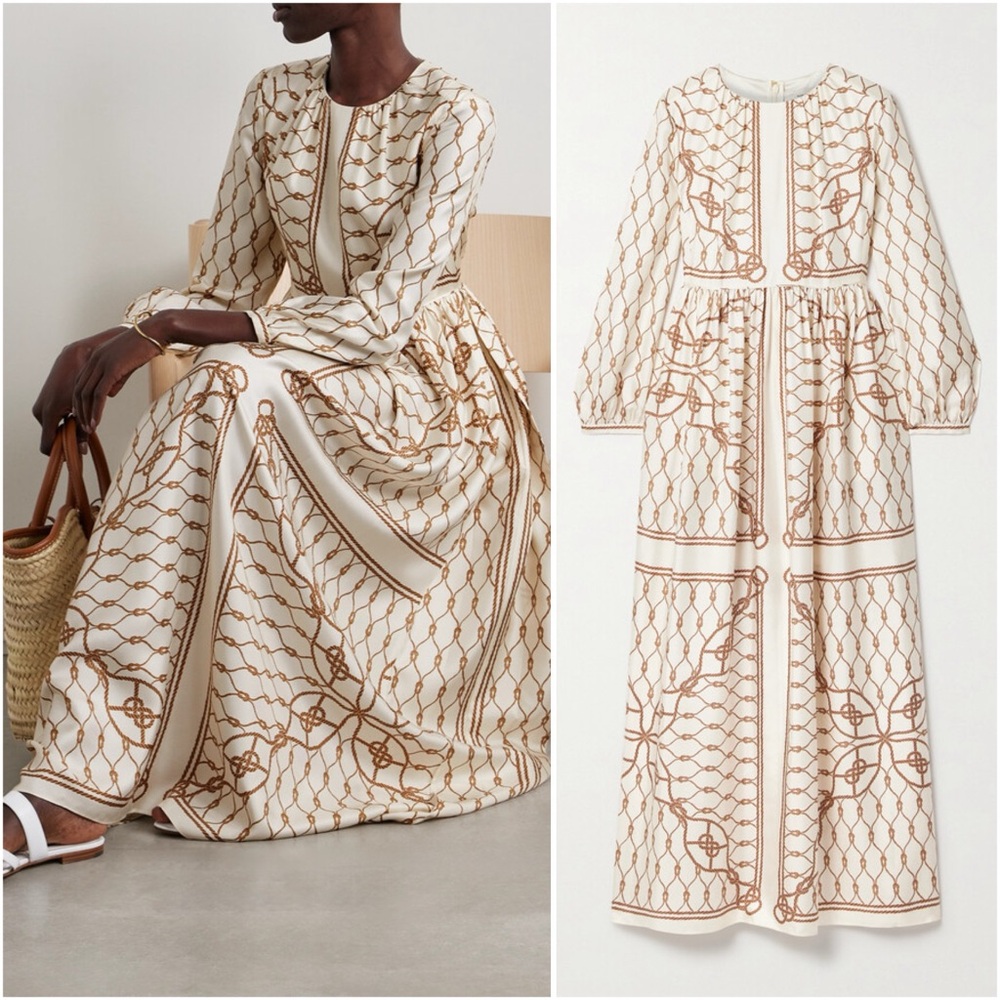 NWT Tory Burch Printed Gathered Silk-twill Maxi Dress - Neutrals $998 00